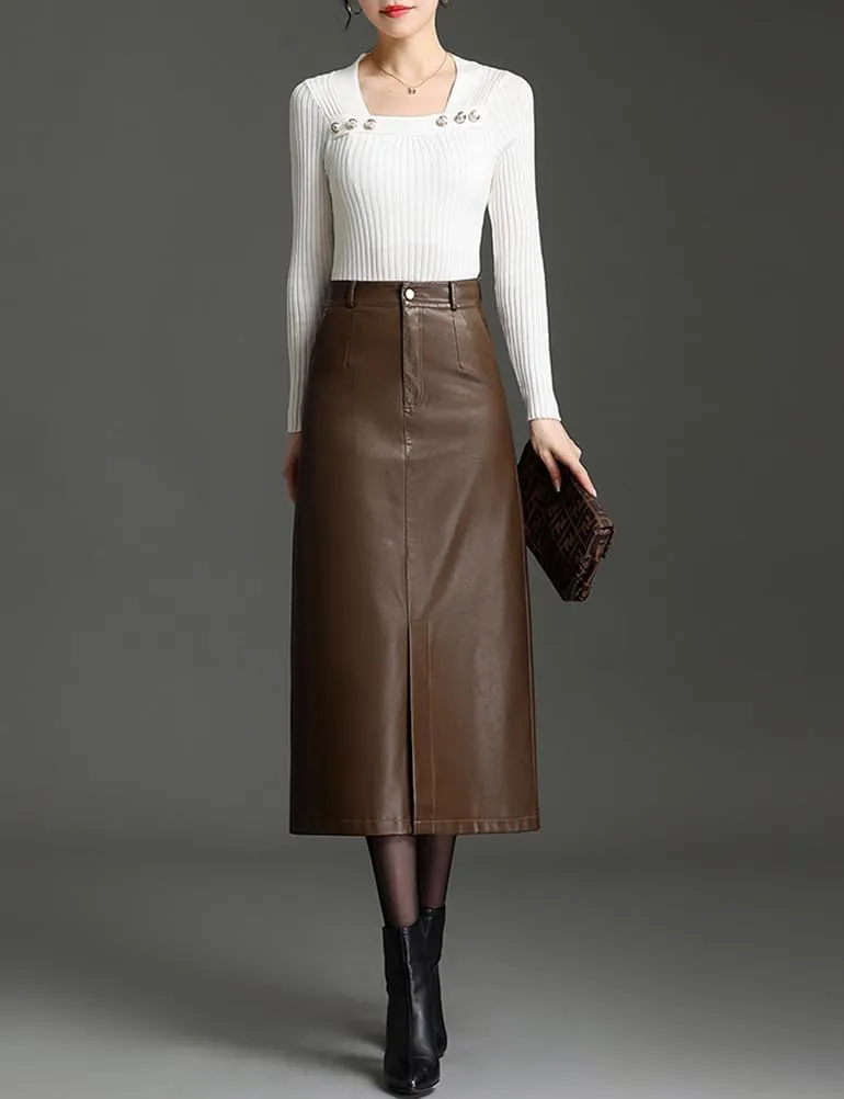 Long Leather Skirts for Women Casual High Waisted Fall Winter Bodycon Midi Skirt with Slit