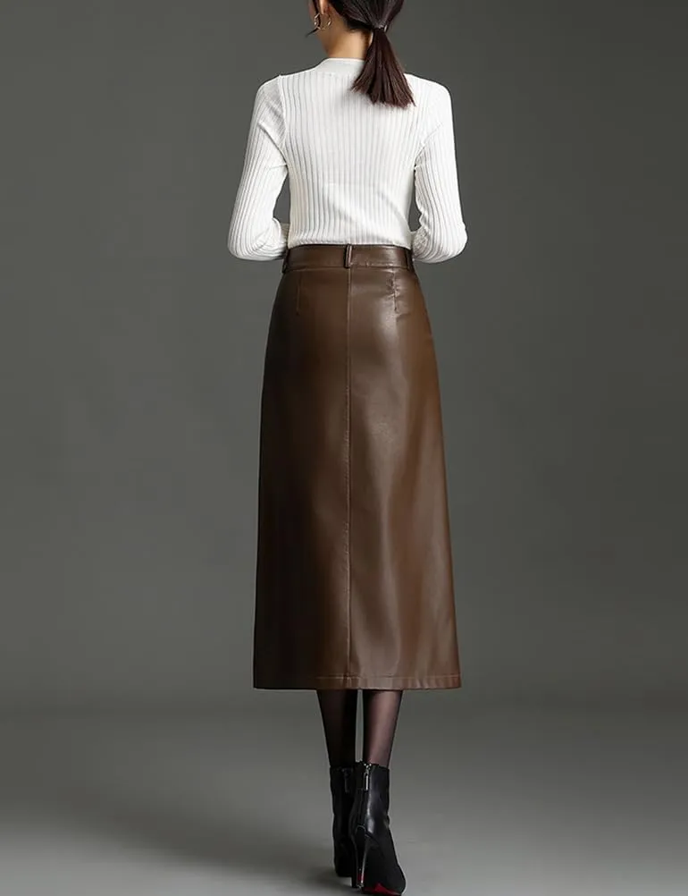 Long Leather Skirts for Women Casual High Waisted Fall Winter Bodycon Midi Skirt with Slit