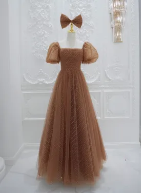 Lovely Simple Tulle Short Sleeves A-line Party Dress, Long Tulle Formal Dress Evening Dress