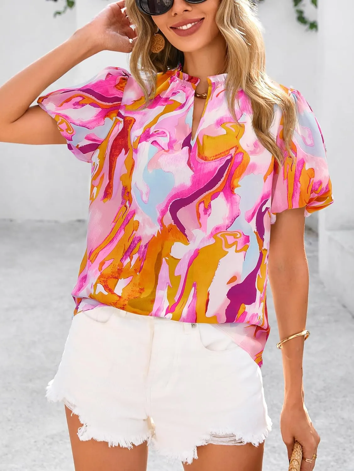 MASCOMODA Boho Short Sleeve Floral Work Blouses for Women Dressy Casual V Neck Puff Sleeve Loose Chiffon Flowy Tops Shirts