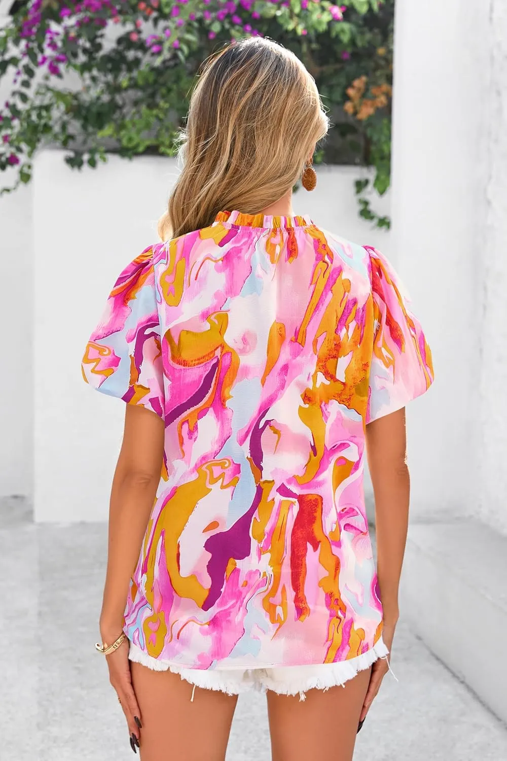 MASCOMODA Boho Short Sleeve Floral Work Blouses for Women Dressy Casual V Neck Puff Sleeve Loose Chiffon Flowy Tops Shirts