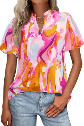 MASCOMODA Boho Short Sleeve Floral Work Blouses for Women Dressy Casual V Neck Puff Sleeve Loose Chiffon Flowy Tops Shirts