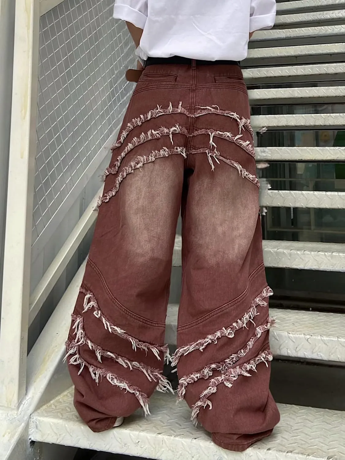Mens Baggy Jeans Street Rock Style Fringe Frayed Edges Jeans Patchwork Wide Leg Skater Denim Pant