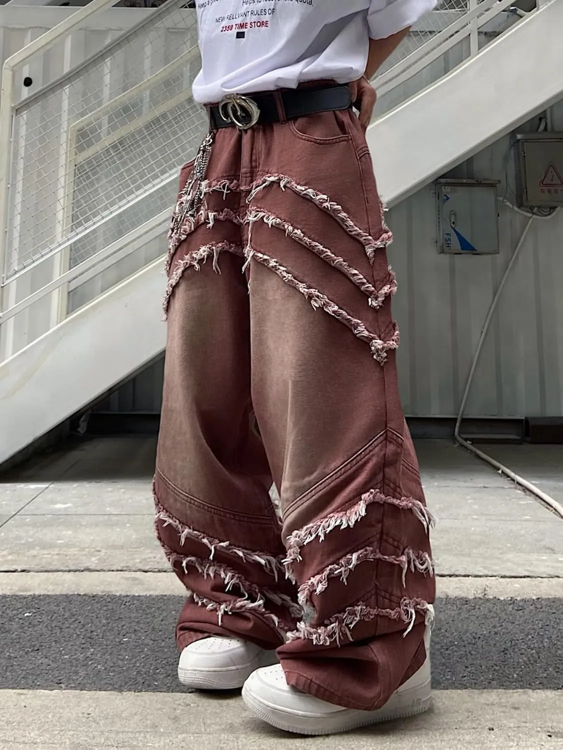 Mens Baggy Jeans Street Rock Style Fringe Frayed Edges Jeans Patchwork Wide Leg Skater Denim Pant