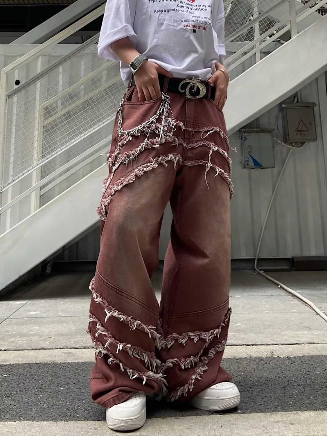 Mens Baggy Jeans Street Rock Style Fringe Frayed Edges Jeans Patchwork Wide Leg Skater Denim Pant