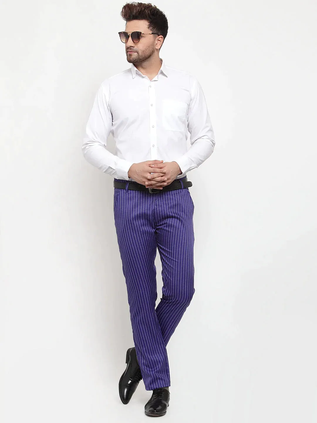 Men'S Blue Cotton Striped Formal Trousers