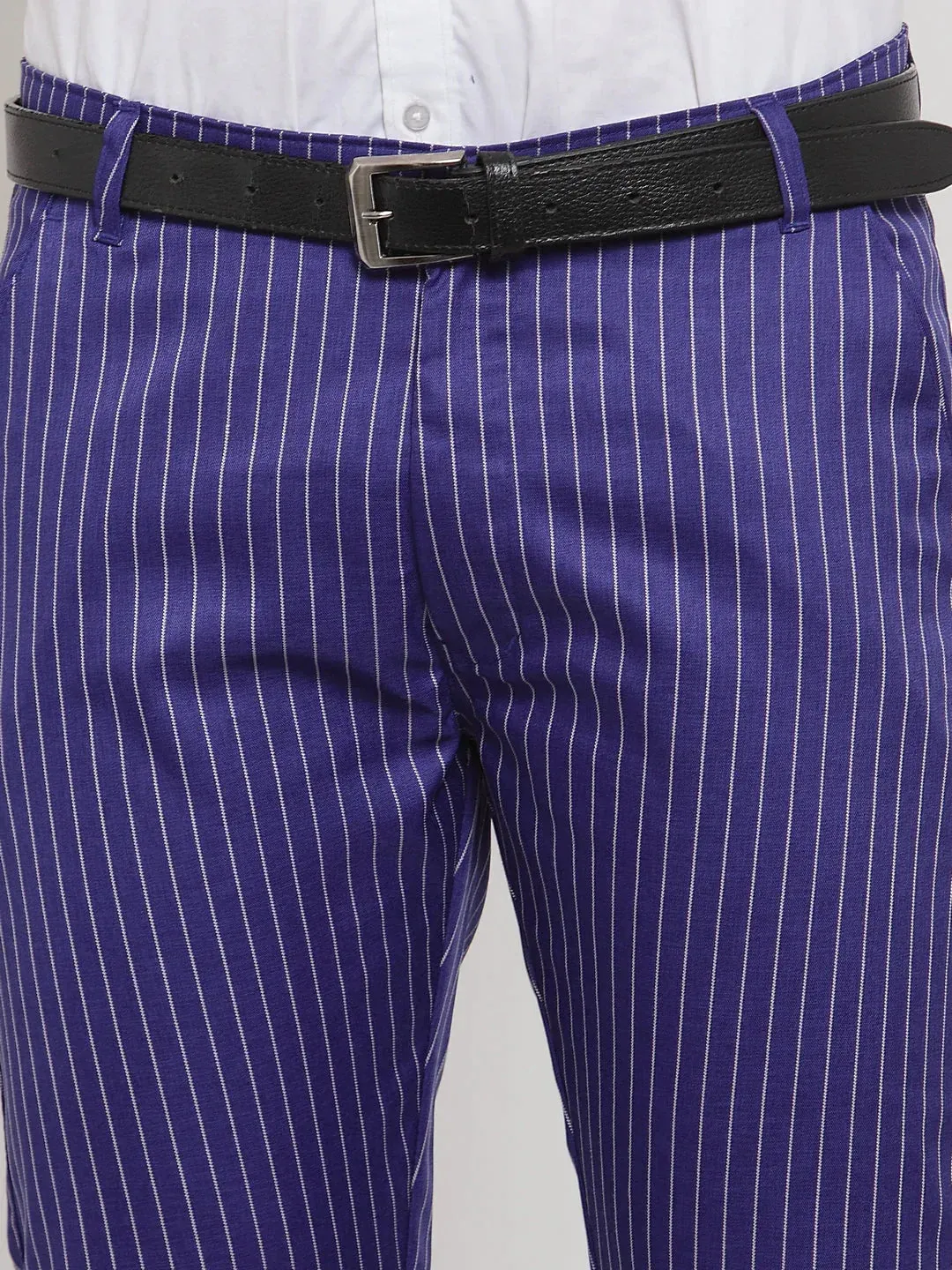 Men'S Blue Cotton Striped Formal Trousers