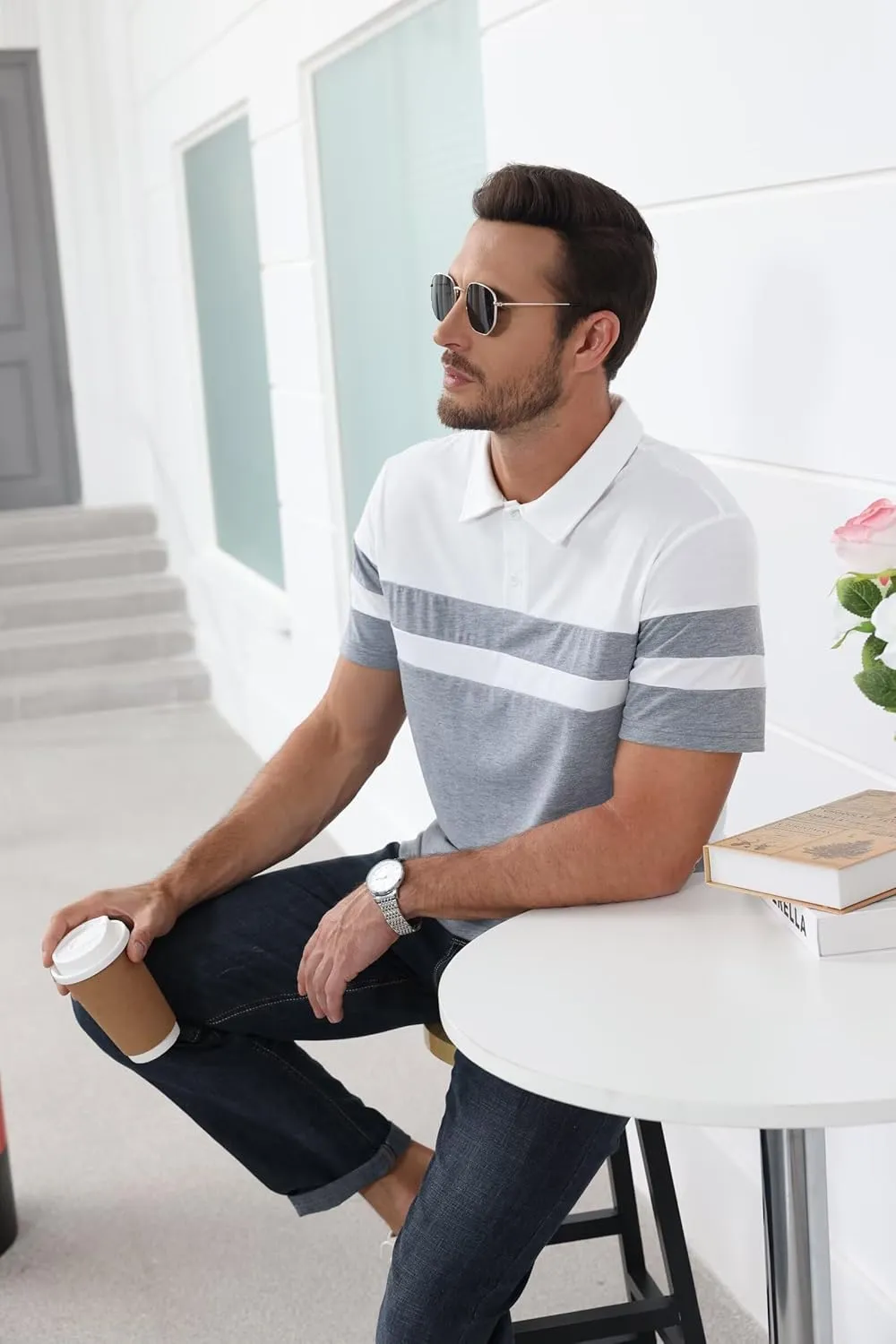 Mens Polo Shirts Short Sleeve Color Block T Shirt Summer Lightweight Casual Golf Shirts
