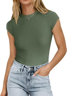 MIHOLL Women's Summer Cap Short Sleeve Tops Mock Neck Ribbed Knit Slim Fit Casual Basic Tee T Shirts