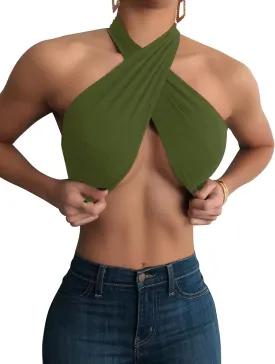 Mokoru Women's Sexy Sleeveless Halter Criss Cross Tank Crop Tops Self Tie Backless Cami