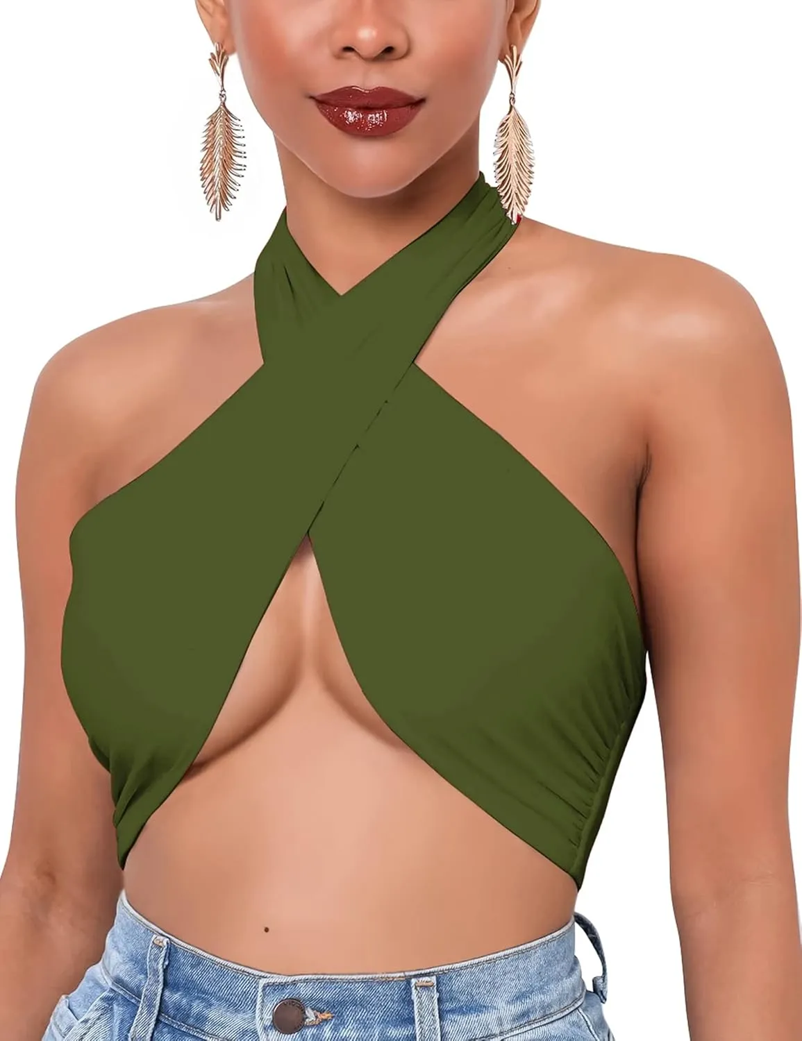 Mokoru Women's Sexy Sleeveless Halter Criss Cross Tank Crop Tops Self Tie Backless Cami