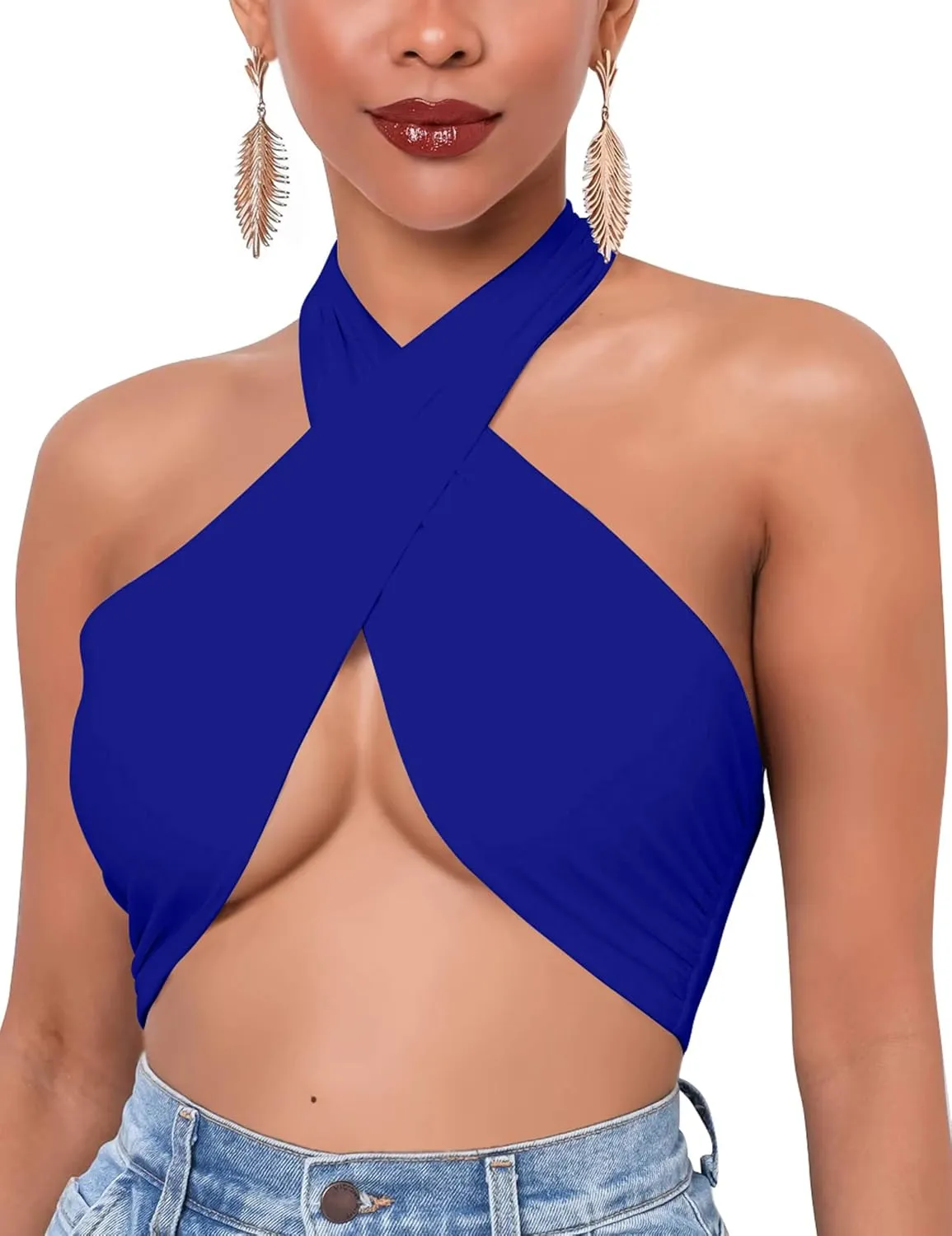 Mokoru Women's Sexy Sleeveless Halter Criss Cross Tank Crop Tops Self Tie Backless Cami