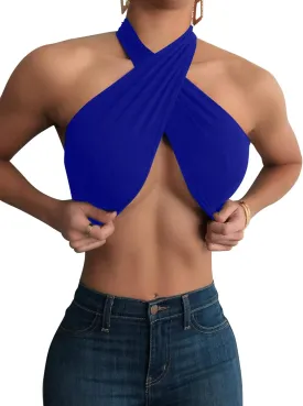 Mokoru Women's Sexy Sleeveless Halter Criss Cross Tank Crop Tops Self Tie Backless Cami