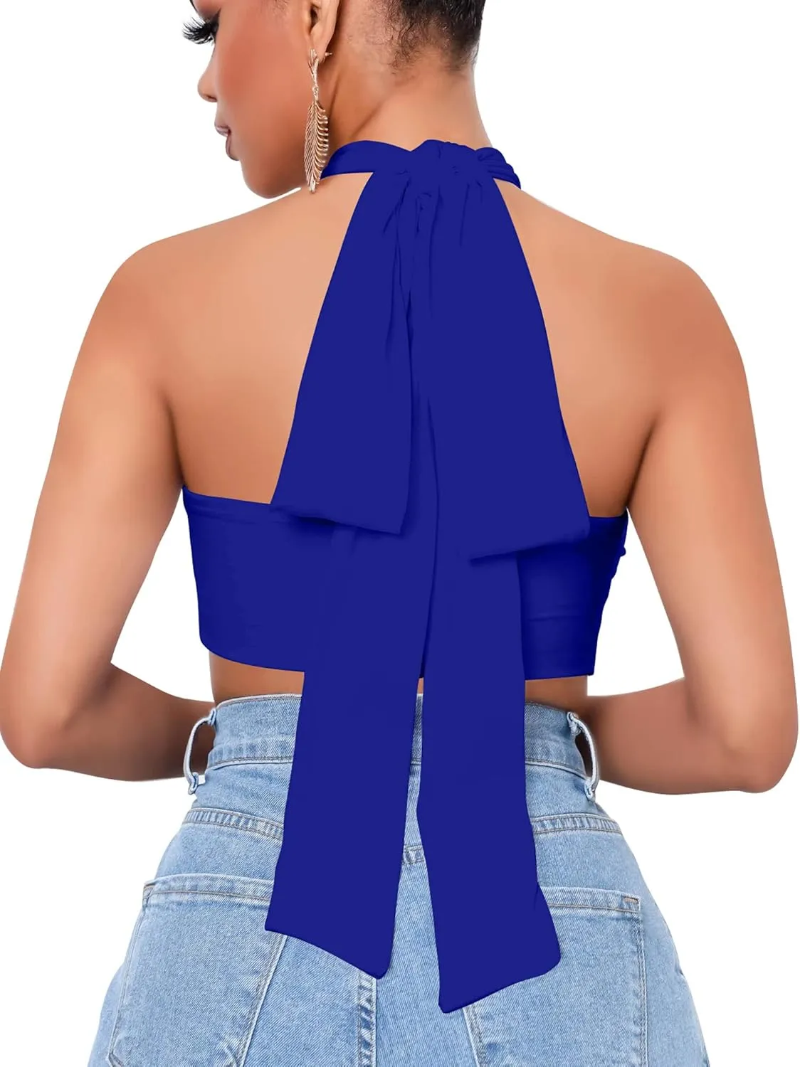 Mokoru Women's Sexy Sleeveless Halter Criss Cross Tank Crop Tops Self Tie Backless Cami