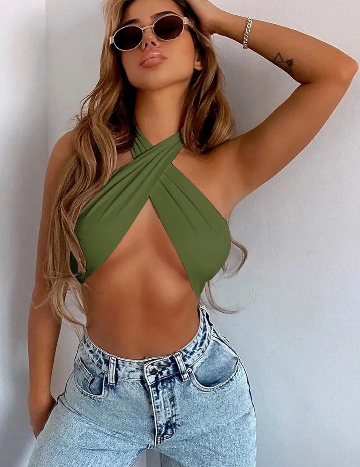 Mokoru Women's Sexy Sleeveless Halter Criss Cross Tank Crop Tops Self Tie Backless Cami