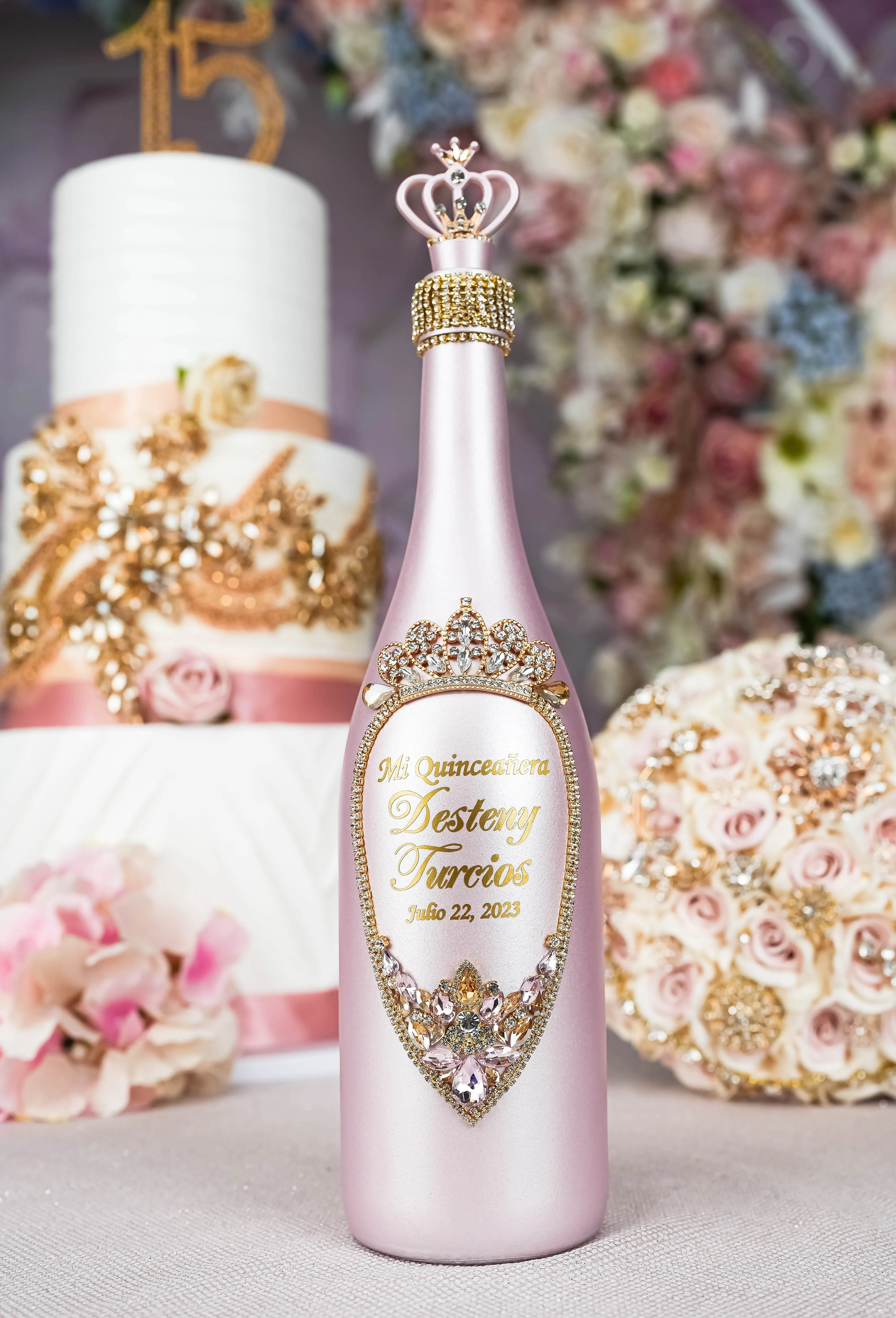 Pink and Gold quinceanera brindis package with bottle