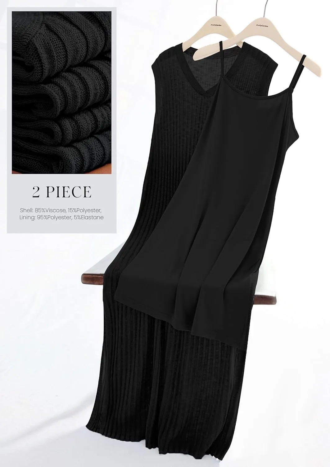 PRETTYGARDEN Women's 2025 Summer Casual Maxi Dresses Ribbed Knit Sleeveless V Neck 2 Piece Outfits with Slip Under Dress