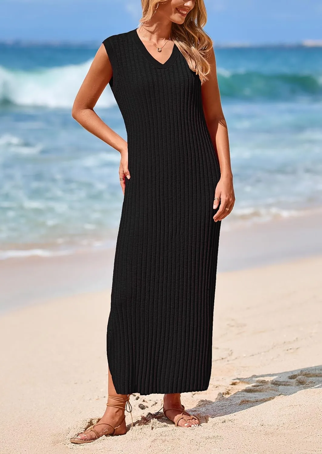 PRETTYGARDEN Women's 2025 Summer Casual Maxi Dresses Ribbed Knit Sleeveless V Neck 2 Piece Outfits with Slip Under Dress