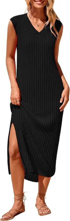 PRETTYGARDEN Women's 2025 Summer Casual Maxi Dresses Ribbed Knit Sleeveless V Neck 2 Piece Outfits with Slip Under Dress