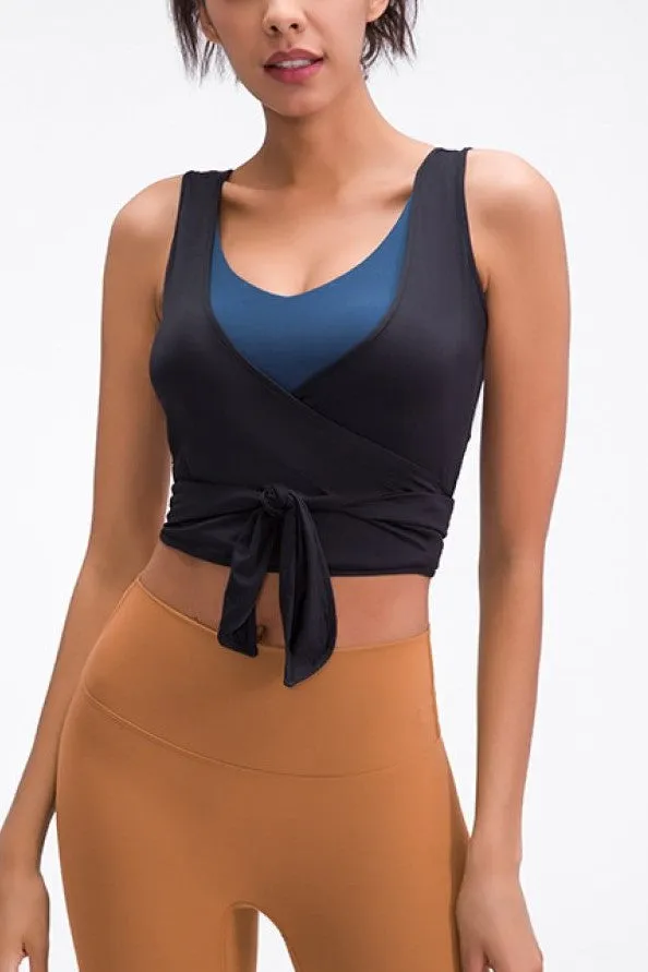 Ribbon Tie Front V Neck Active Tank Cover-Up