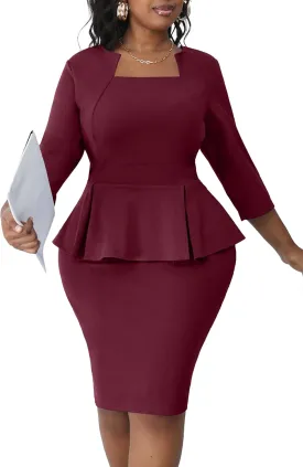 Runwind Plus Size Dress for Curvy Women Midi Church Wear to Work Bodycon Vintage Peplum 3/4 Sleeve Sheath Pencil Dress