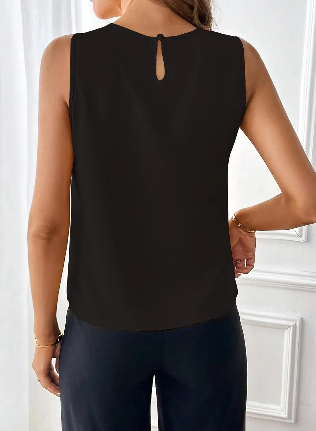 Samefar Womens Summer Tank Tops Pleated Crewneck Casual Loose Chiffon Blouses Sleeveless Tops Business Work Shirts
