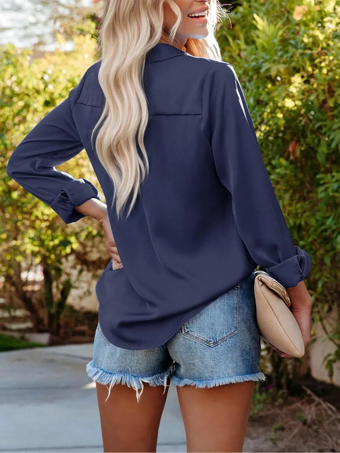 siliteelon Womens Button Down Shirts Solid Dress Shirts Long Sleeve Flowy Collared Work Office Business Blouses Chiffon Tops