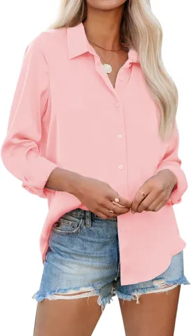 siliteelon Womens Button Down Shirts Solid Dress Shirts Long Sleeve Flowy Collared Work Office Business Blouses Chiffon Tops