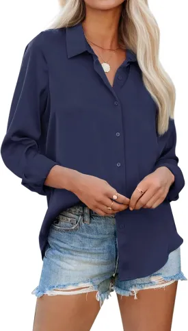 siliteelon Womens Button Down Shirts Solid Dress Shirts Long Sleeve Flowy Collared Work Office Business Blouses Chiffon Tops