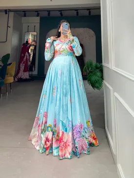 Sky Blue Color Tussar Silk Ready to Wear Gown with Delicate Floral Print
