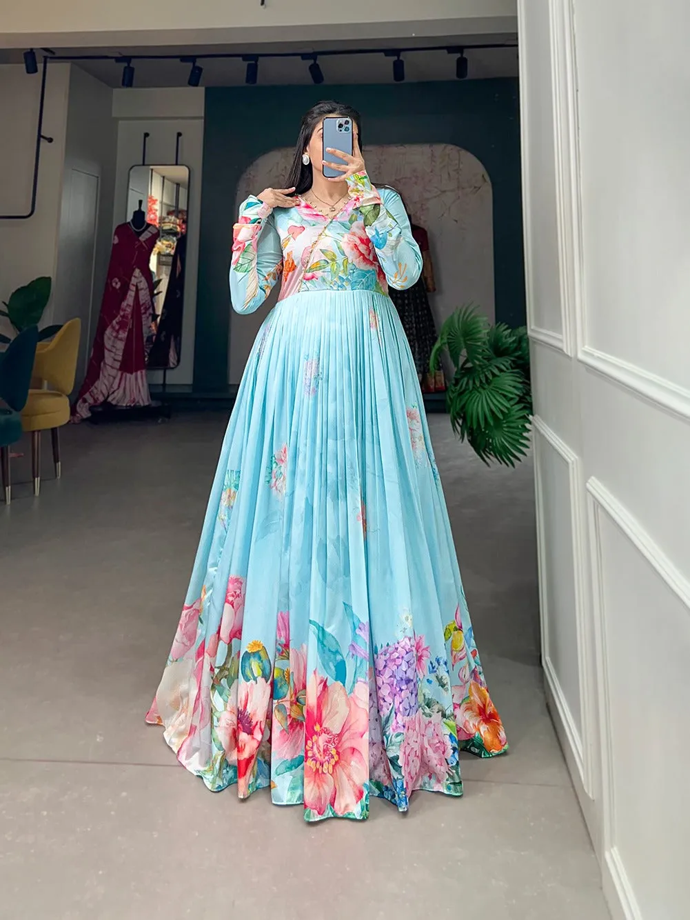 Sky Blue Color Tussar Silk Ready to Wear Gown with Delicate Floral Print