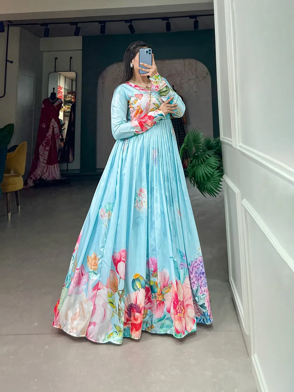 Sky Blue Color Tussar Silk Ready to Wear Gown with Delicate Floral Print