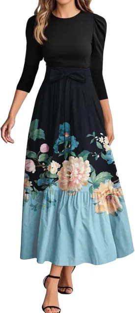 Summer Dresses for Women 2025 Elegant Classy 3/4 Length Sleeve Patchwork Flowy A Line Work Dresses Wedding Guest Wrap