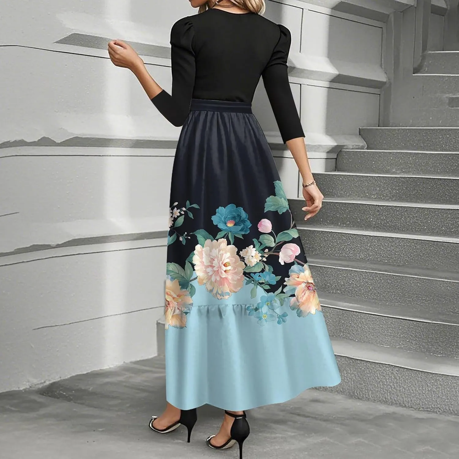 Summer Dresses for Women 2025 Elegant Classy 3/4 Length Sleeve Patchwork Flowy A Line Work Dresses Wedding Guest Wrap