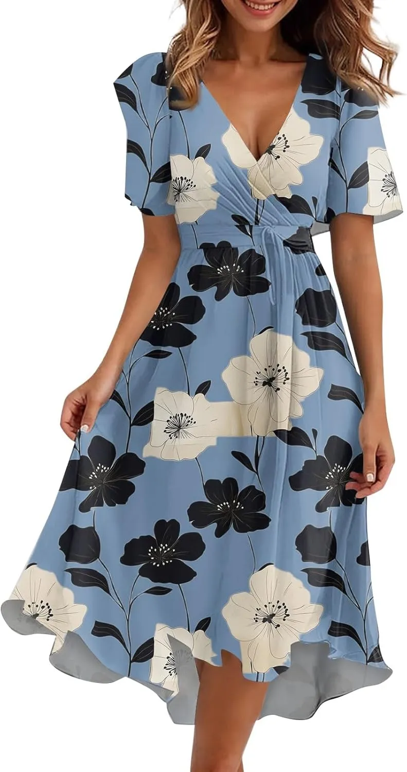 Summer Dresses for Women 2025 Midi Trendy Flowy Swing Short Sleeve V Neck Boho Floral Elegant A Line Dress