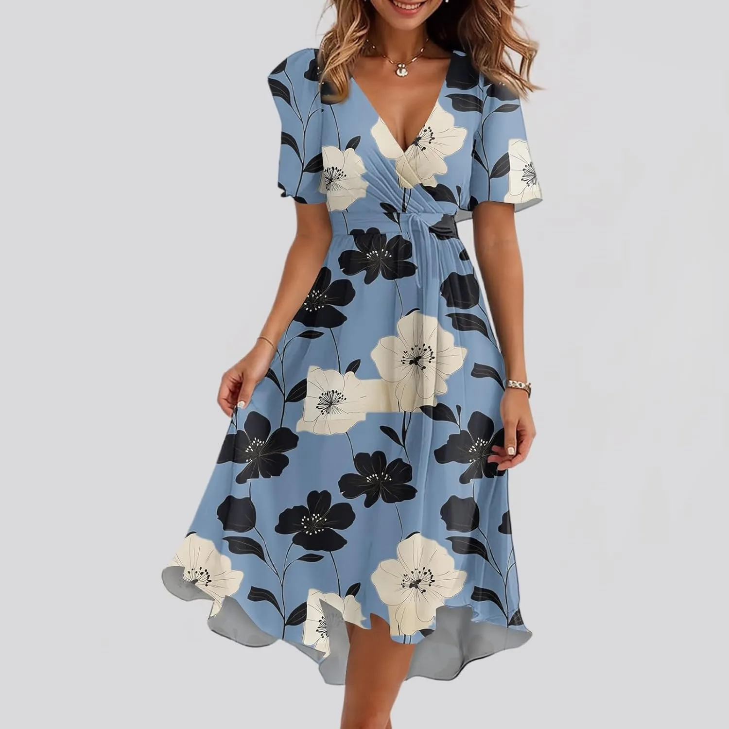 Summer Dresses for Women 2025 Midi Trendy Flowy Swing Short Sleeve V Neck Boho Floral Elegant A Line Dress