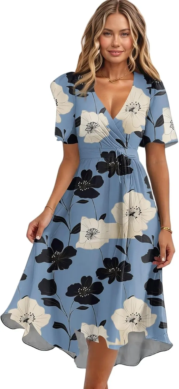 Summer Dresses for Women 2025 Midi Trendy Flowy Swing Short Sleeve V Neck Boho Floral Elegant A Line Dress