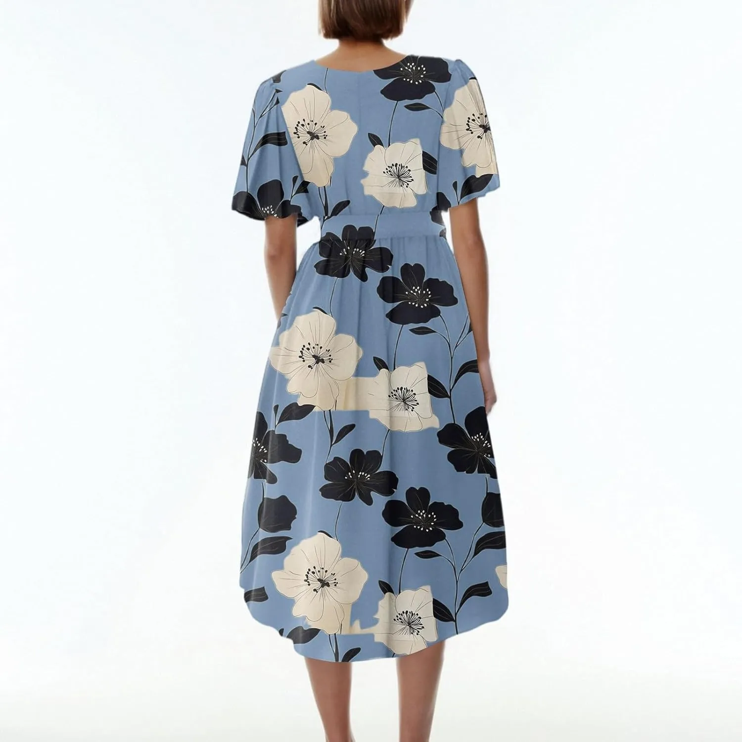 Summer Dresses for Women 2025 Midi Trendy Flowy Swing Short Sleeve V Neck Boho Floral Elegant A Line Dress