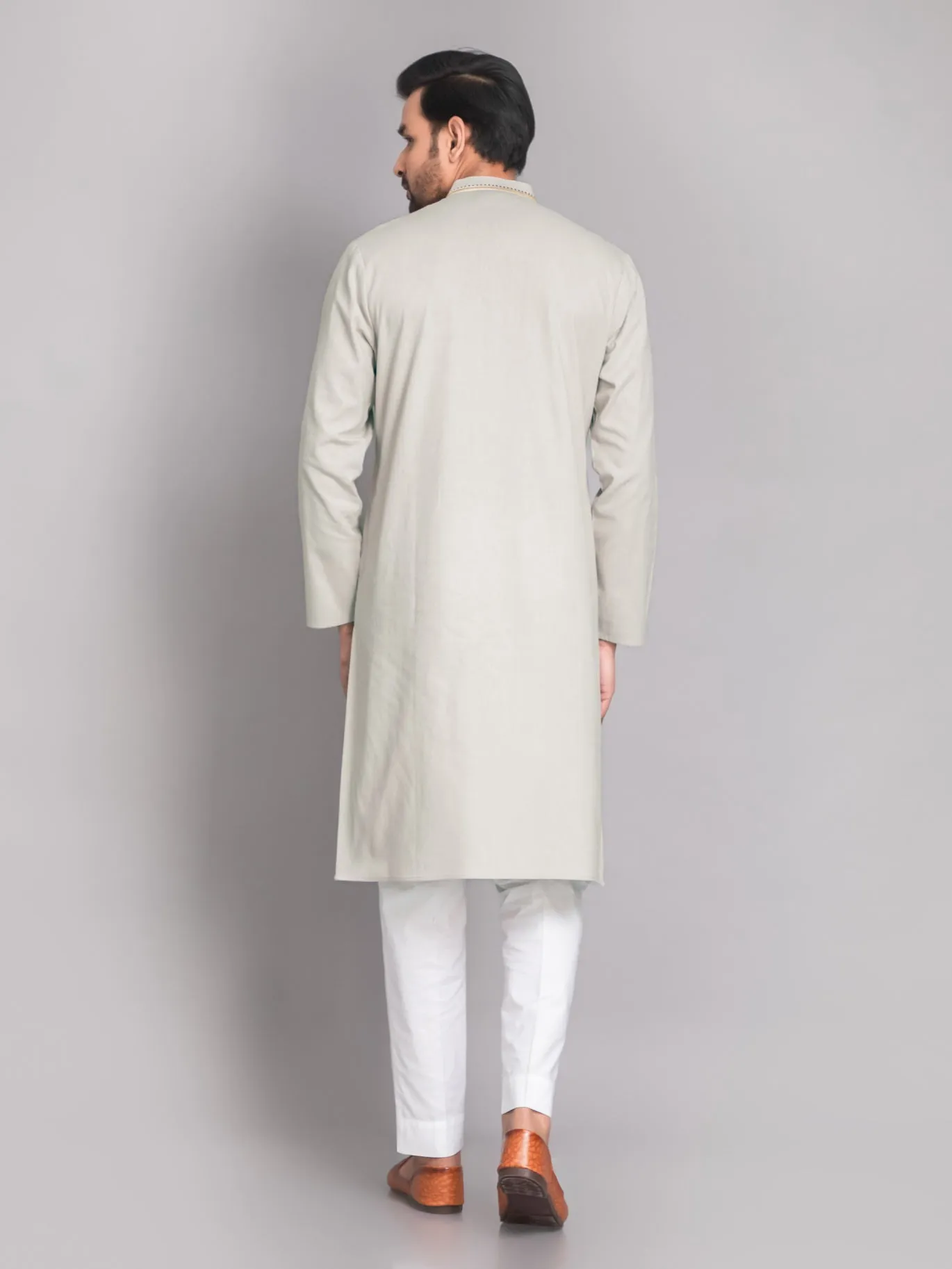 Suti mens's White Cotton Linen Neckline Embroidered Comfort Fit Long Kurta