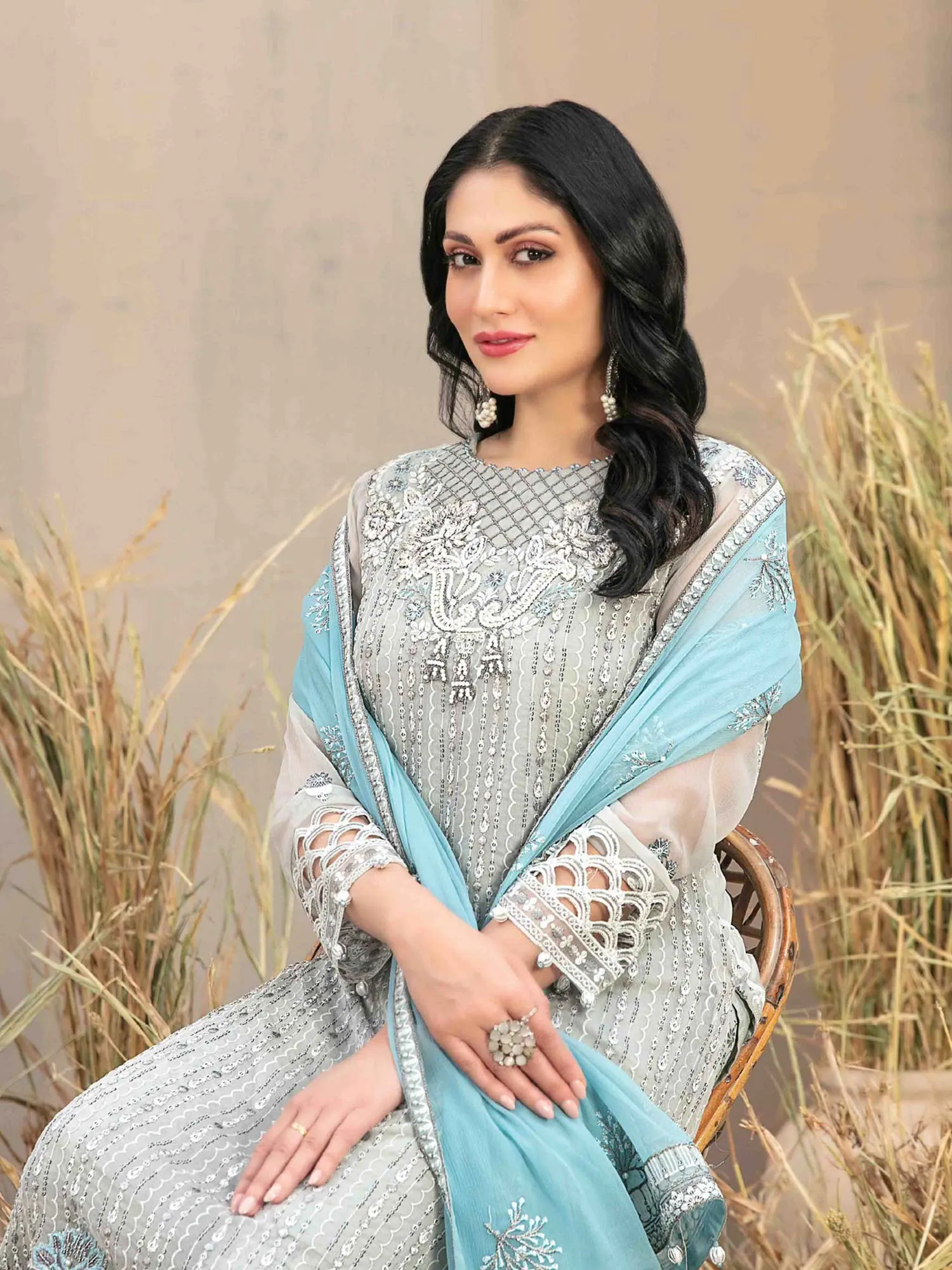 Tawakkal "Arushi" Chiffon Heavy Embroidered Suit (D9984) - Grey