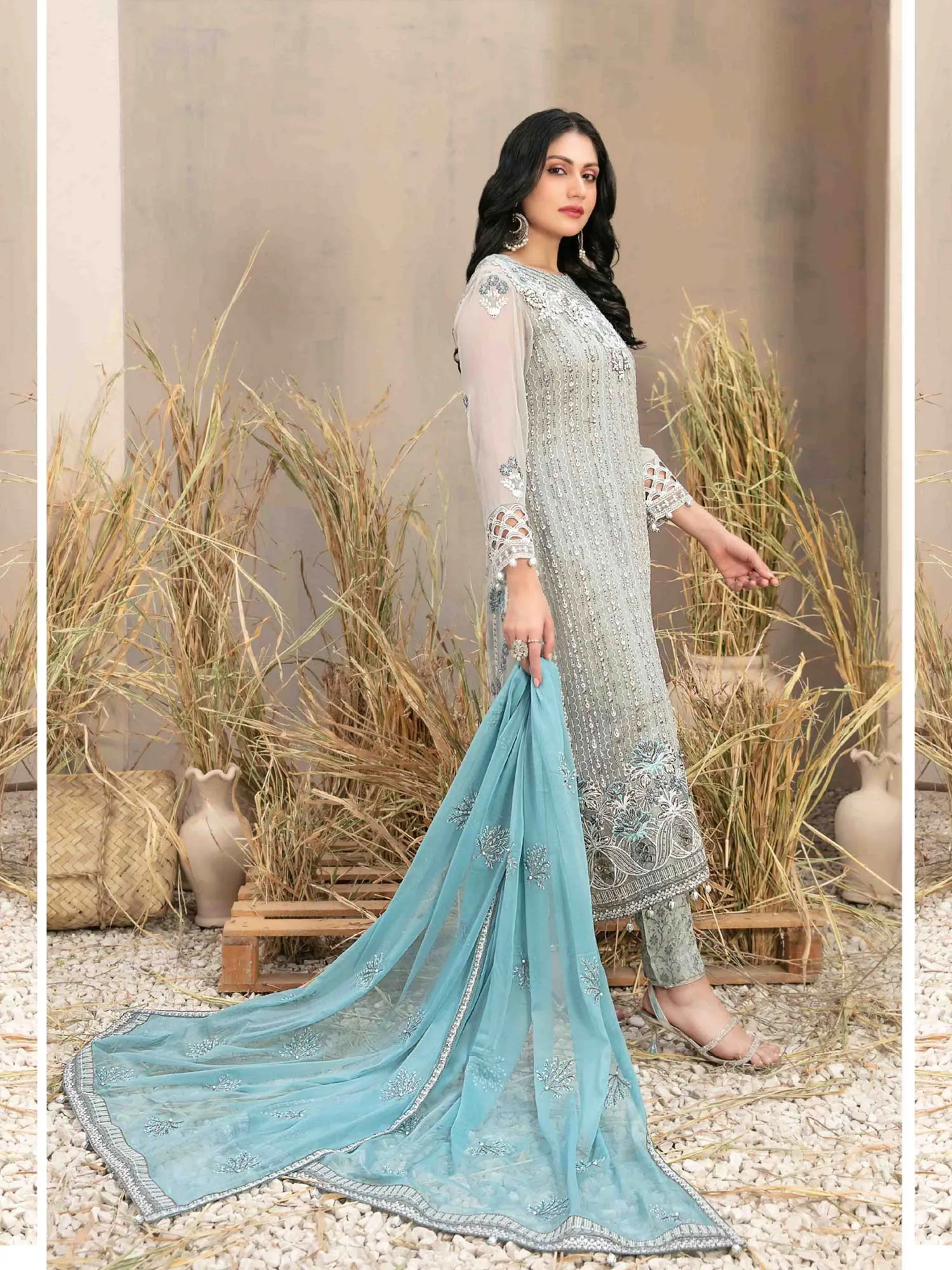 Tawakkal "Arushi" Chiffon Heavy Embroidered Suit (D9984) - Grey