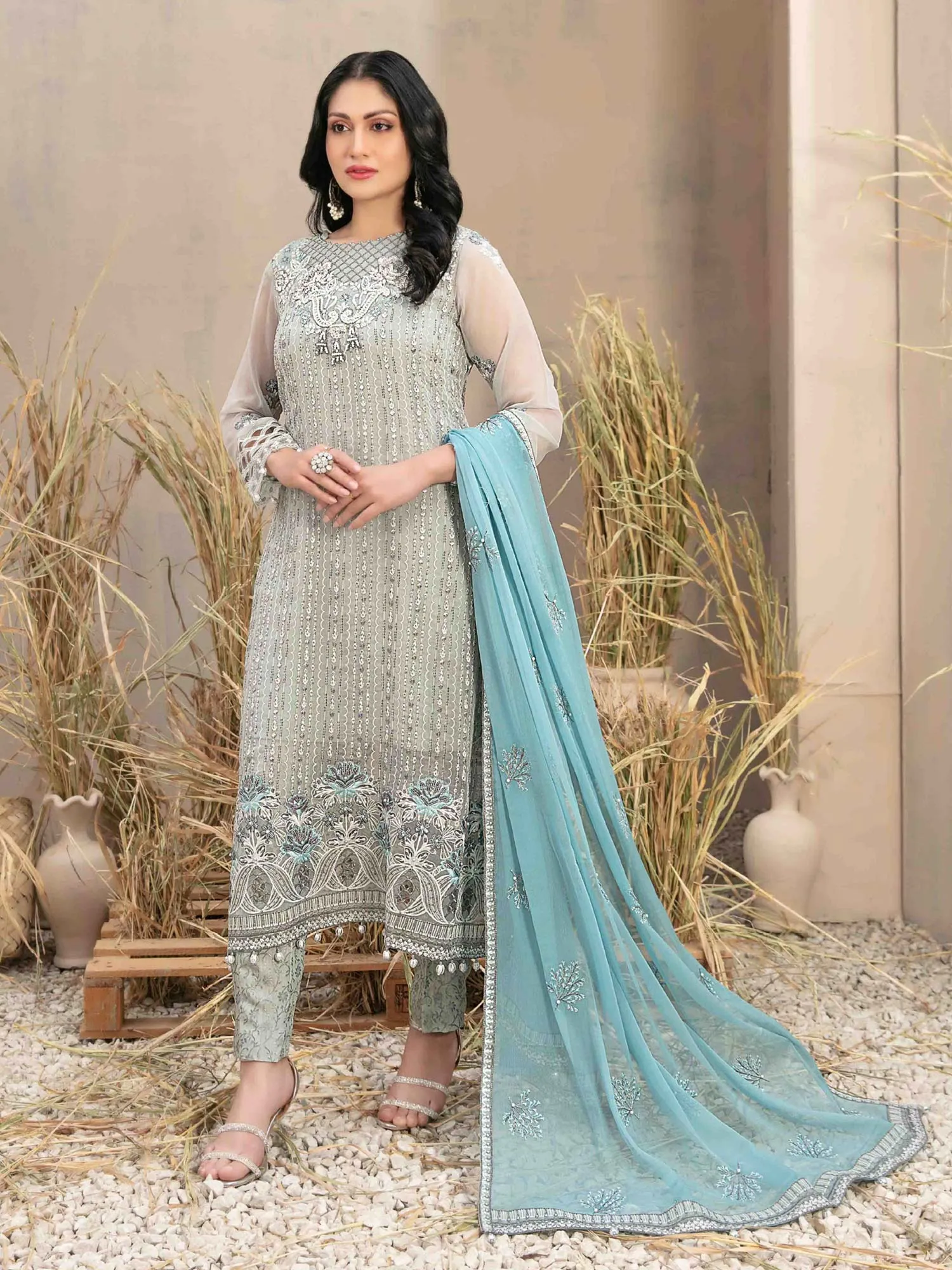 Tawakkal "Arushi" Chiffon Heavy Embroidered Suit (D9984) - Grey