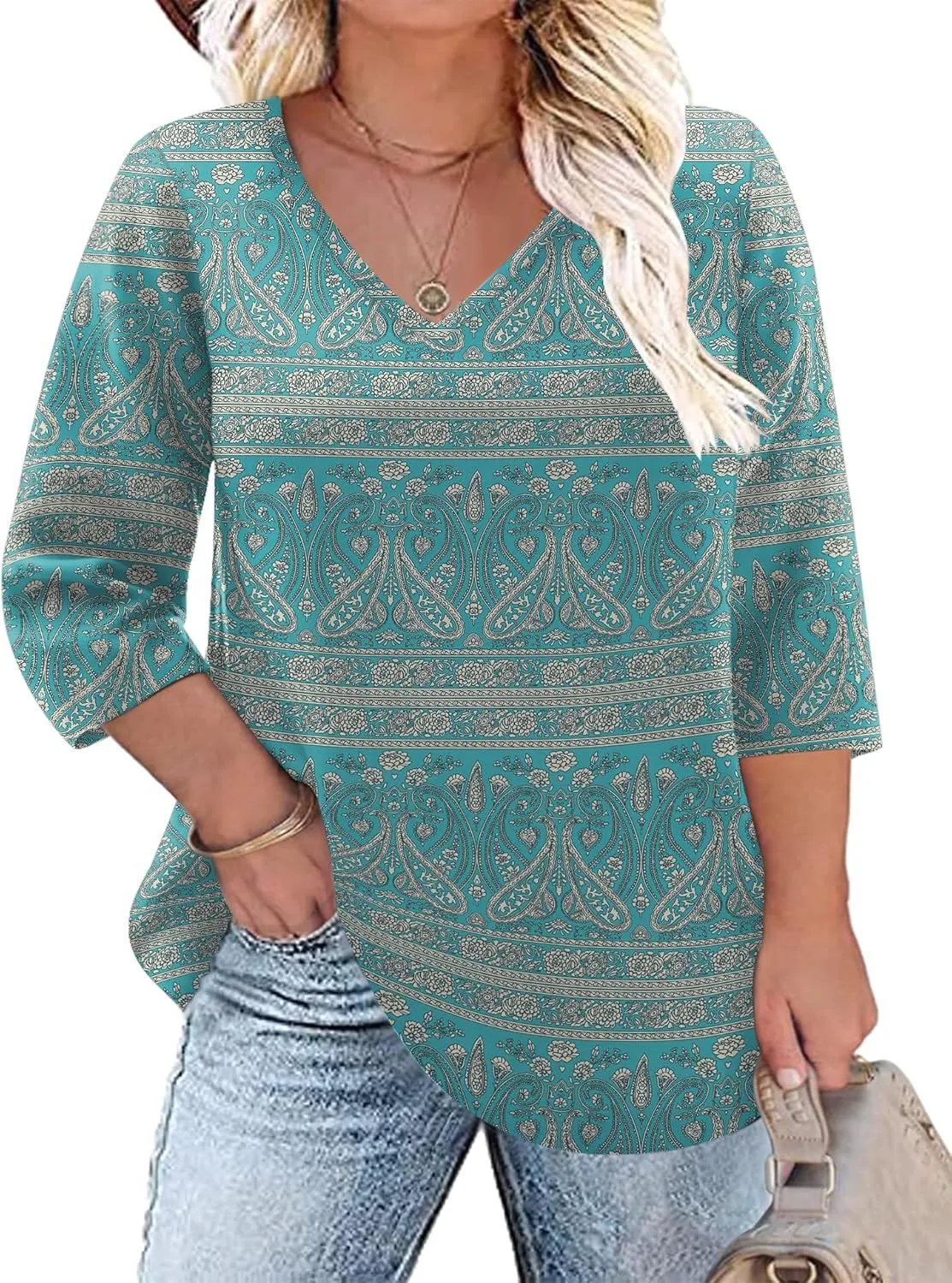 TFSDOD Womens Plus Size Tops V Neck T Shirts 3/4 Sleeve Blouse Summer Casual Tees XL-5X