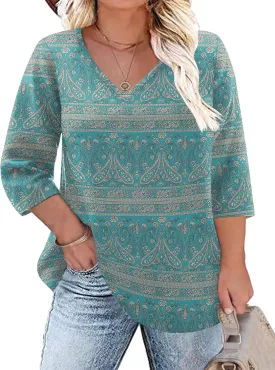 TFSDOD Womens Plus Size Tops V Neck T Shirts 3/4 Sleeve Blouse Summer Casual Tees XL-5X