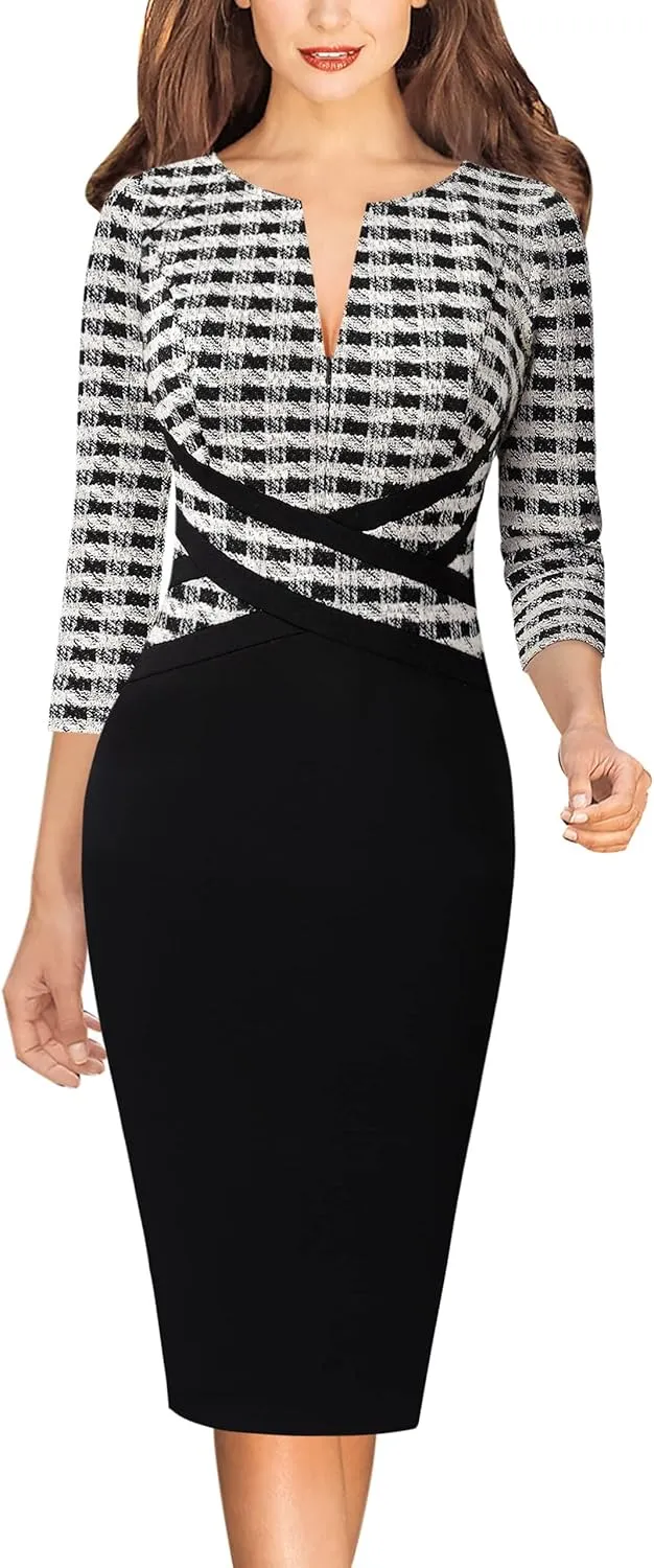 VFSHOW Womens Wear to Work Slim Colorblock Crisscross Waist Front Zipper Business Party Office Bodycon Pencil Sheath Dress