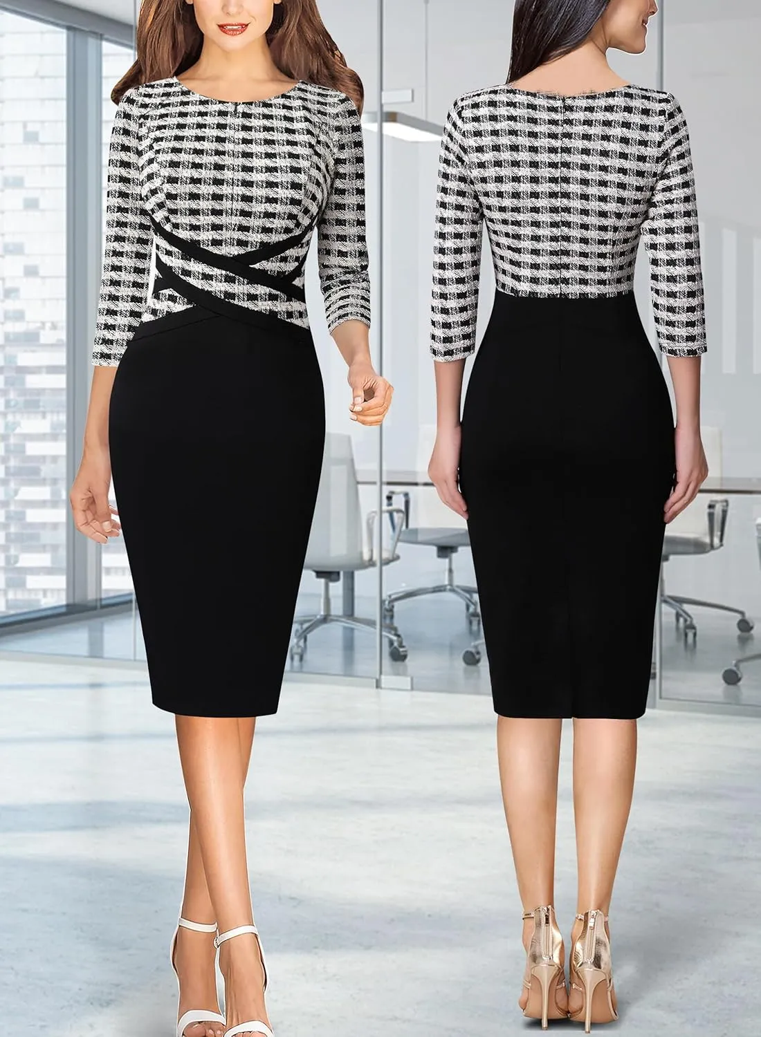 VFSHOW Womens Wear to Work Slim Colorblock Crisscross Waist Front Zipper Business Party Office Bodycon Pencil Sheath Dress