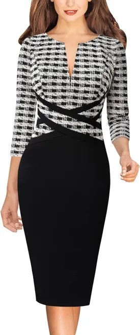 VFSHOW Womens Wear to Work Slim Colorblock Crisscross Waist Front Zipper Business Party Office Bodycon Pencil Sheath Dress