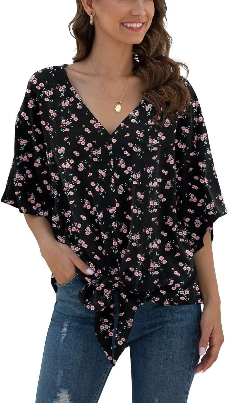 VIISHOW Womens Tie Front Chiffon Blouses V Neck Batwing Short Sleeve Summer Floral Tops Shirts