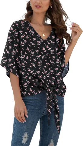 VIISHOW Womens Tie Front Chiffon Blouses V Neck Batwing Short Sleeve Summer Floral Tops Shirts