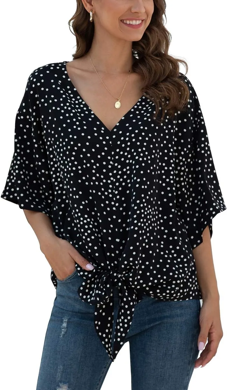 VIISHOW Womens Tie Front Chiffon Blouses V Neck Batwing Short Sleeve Summer Floral Tops Shirts